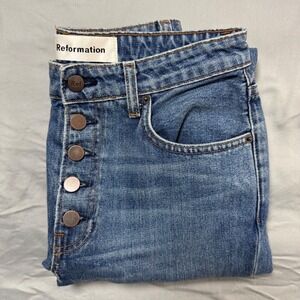 Reformation Petite Mid Rise Button Fly Jeans Straight Leg Medium Wash Women's 26